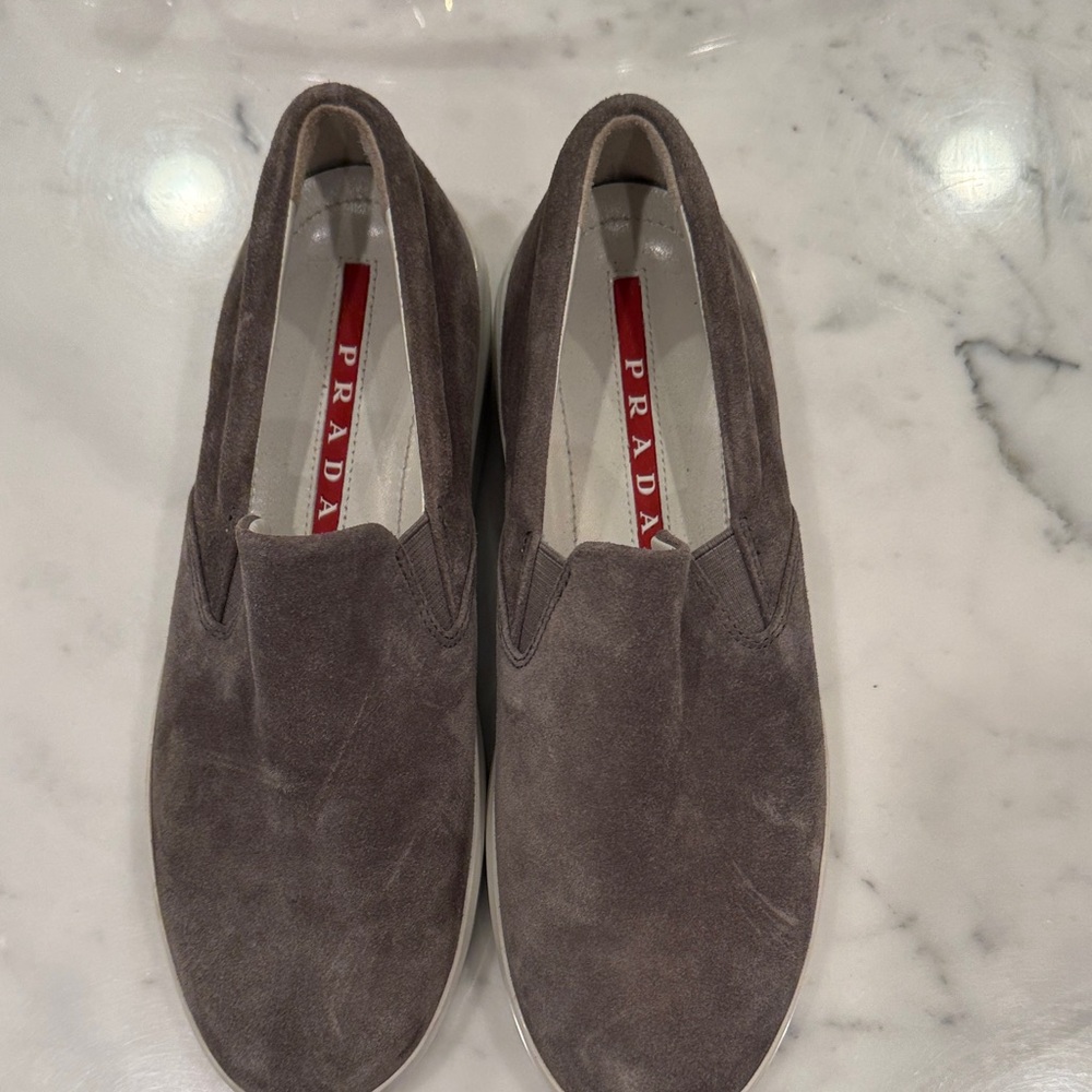 Prada Gray Suede Slip-On Loafers
